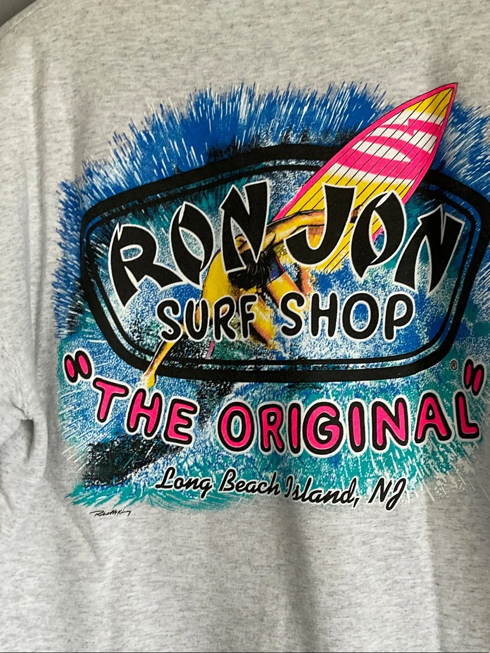 Ron Jon Gray Crewneck Sweatshirt with Teal & Navy Sleeve Logos